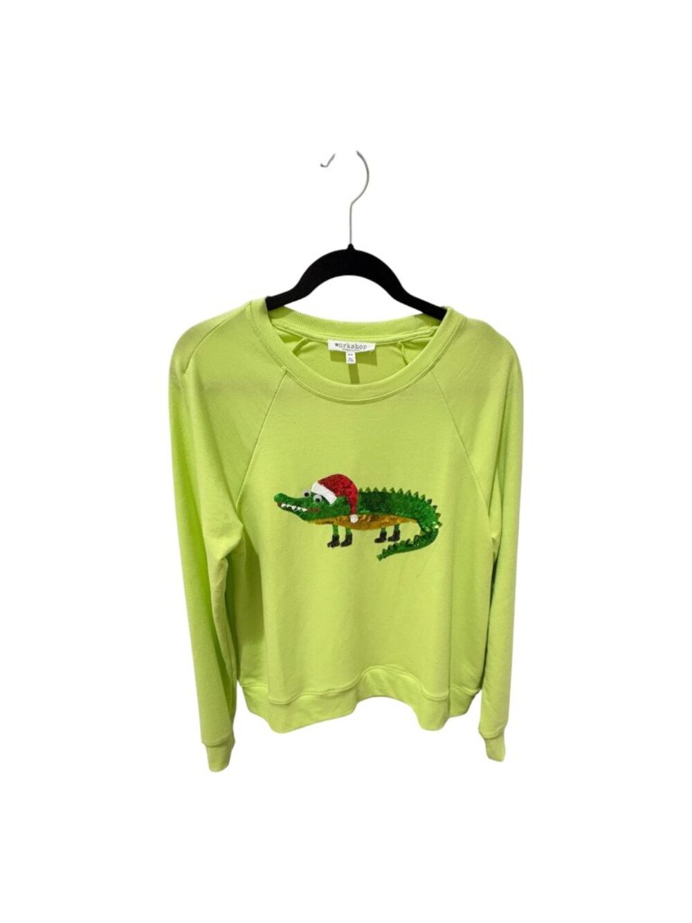 Workshop Republic Clothing Christmas Sweatshirt Lime Green Sequin Alligator Sz M